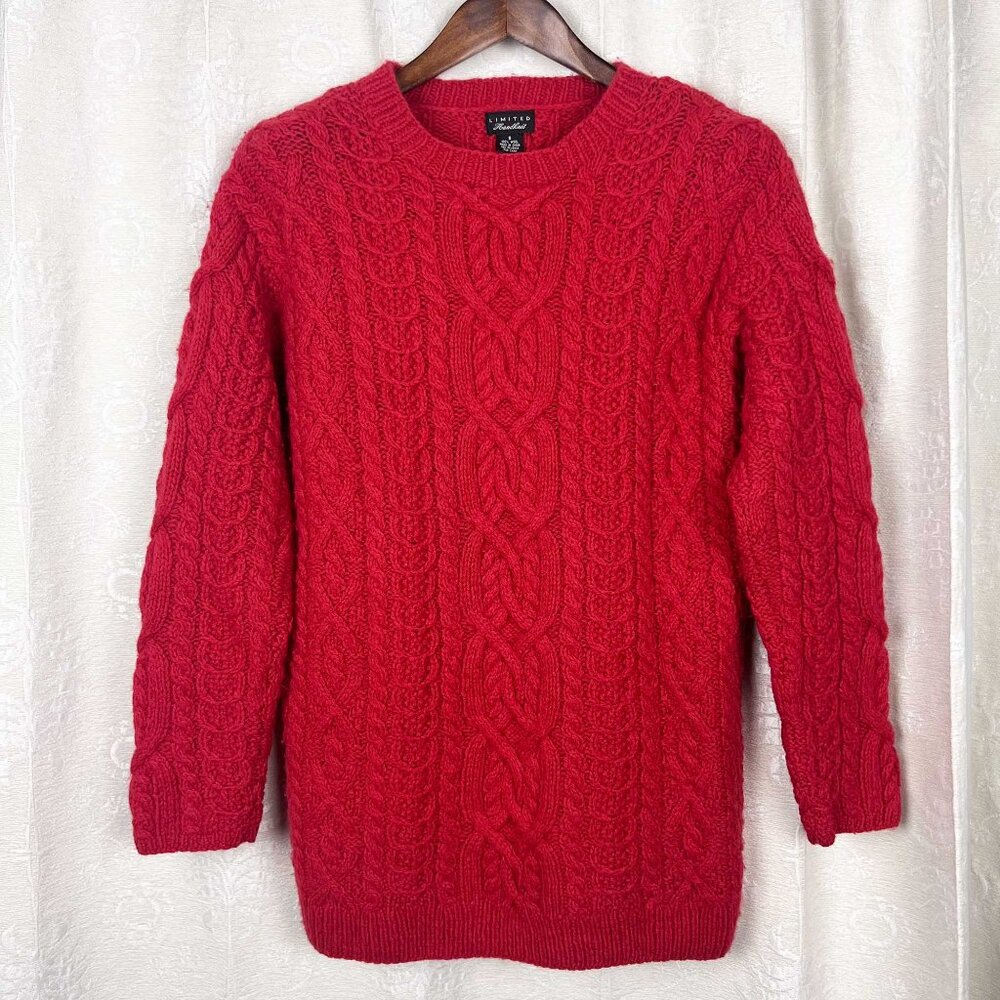 Handknit S-L wool cable knit red sweater oversize long-line pullover